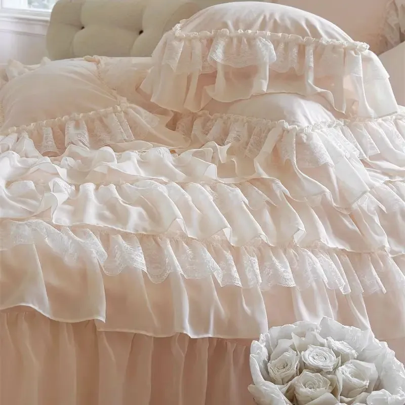 Flytonn-1000TC Egyptian Cotton Bedding Set, Brushed Duvet Cover, French Princess, Wedding Cake Lace, Ruffles, Bed Sheet, Pillowcases
