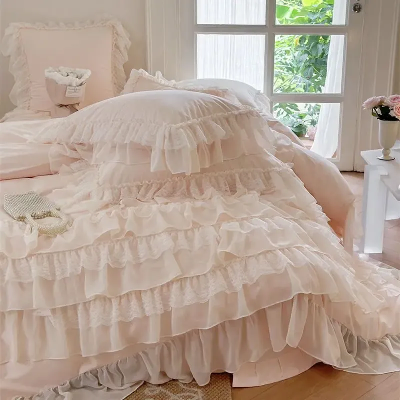Flytonn-1000TC Egyptian Cotton Bedding Set, Brushed Duvet Cover, French Princess, Wedding Cake Lace, Ruffles, Bed Sheet, Pillowcases
