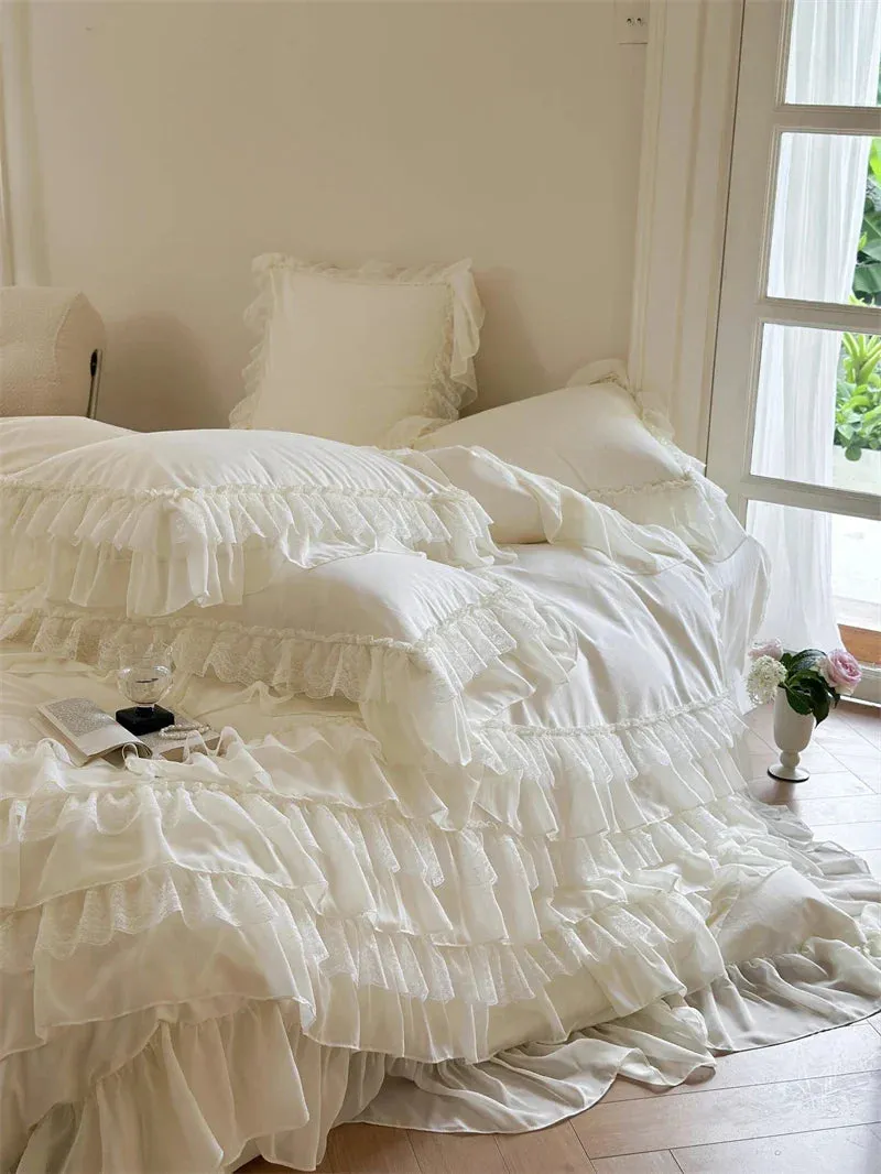 Flytonn-1000TC Egyptian Cotton Bedding Set, Brushed Duvet Cover, French Princess, Wedding Cake Lace, Ruffles, Bed Sheet, Pillowcases