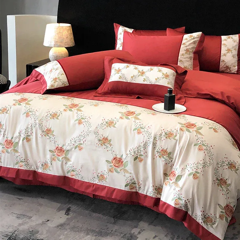 Flytonn-1000TC Egyptian Cotton Luxury Rose Flowers Embroidery Wedding Bedding Set Red Duvet Cover Set Flat/Fitted Bed Sheet Pillowcases