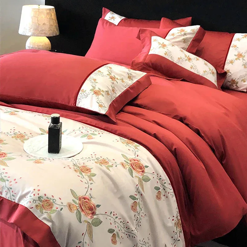 Flytonn-1000TC Egyptian Cotton Luxury Rose Flowers Embroidery Wedding Bedding Set Red Duvet Cover Set Flat/Fitted Bed Sheet Pillowcases