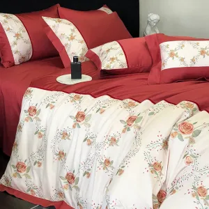 Flytonn-1000TC Egyptian Cotton Luxury Rose Flowers Embroidery Wedding Bedding Set Red Duvet Cover Set Flat/Fitted Bed Sheet Pillowcases