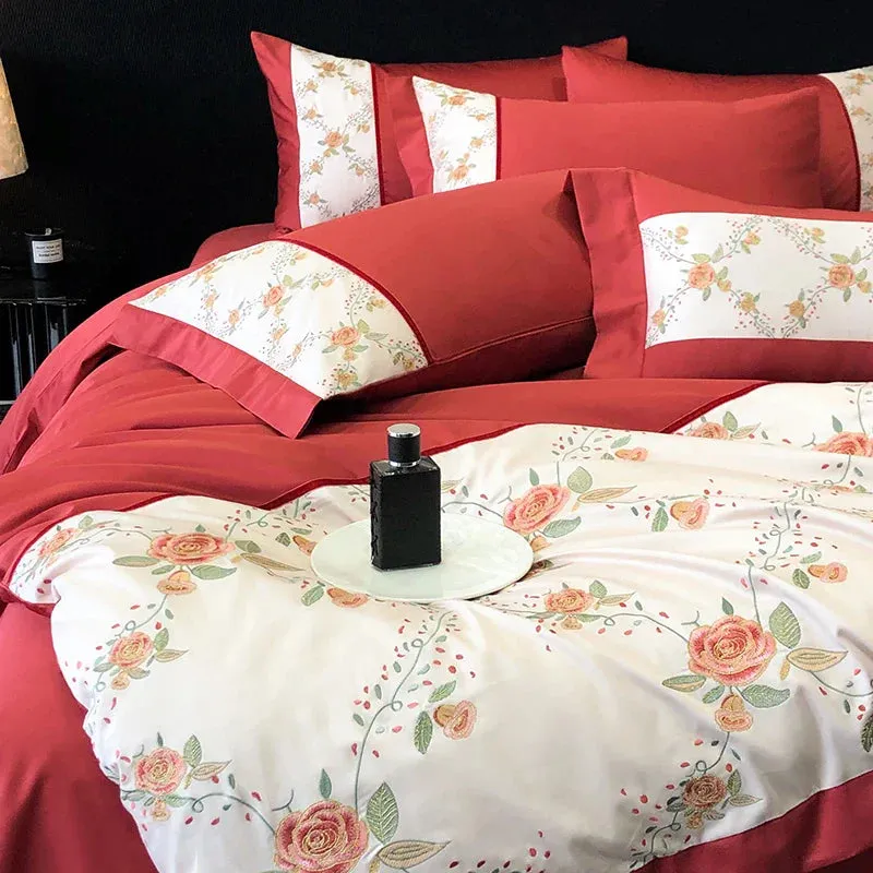 Flytonn-1000TC Egyptian Cotton Luxury Rose Flowers Embroidery Wedding Bedding Set Red Duvet Cover Set Flat/Fitted Bed Sheet Pillowcases