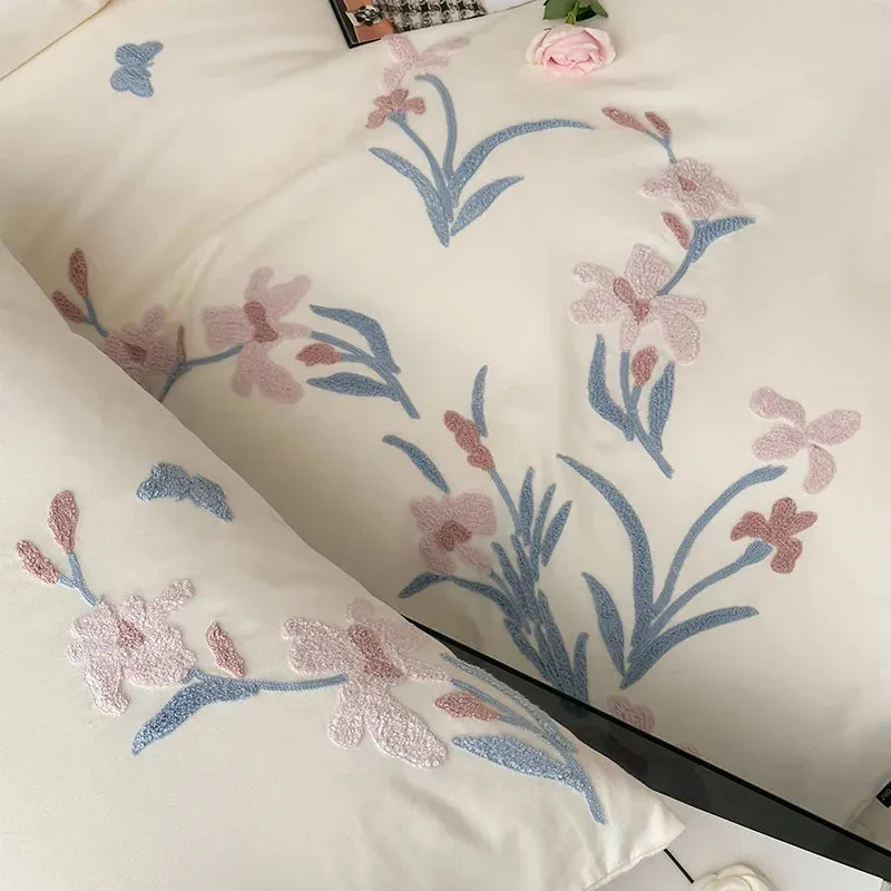Flytonn-3/4Pcs Elegant Flower Embroidery Egyptian Cotton Bedding Set Single Queen King Duvet Cover Set Flat/Fitted Bed Sheet Pillowcases