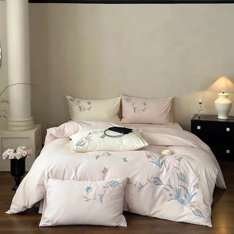 Flytonn-3/4Pcs Elegant Flower Embroidery Egyptian Cotton Bedding Set Single Queen King Duvet Cover Set Flat/Fitted Bed Sheet Pillowcases