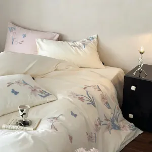 Flytonn-3/4Pcs Elegant Flower Embroidery Egyptian Cotton Bedding Set Single Queen King Duvet Cover Set Flat/Fitted Bed Sheet Pillowcases