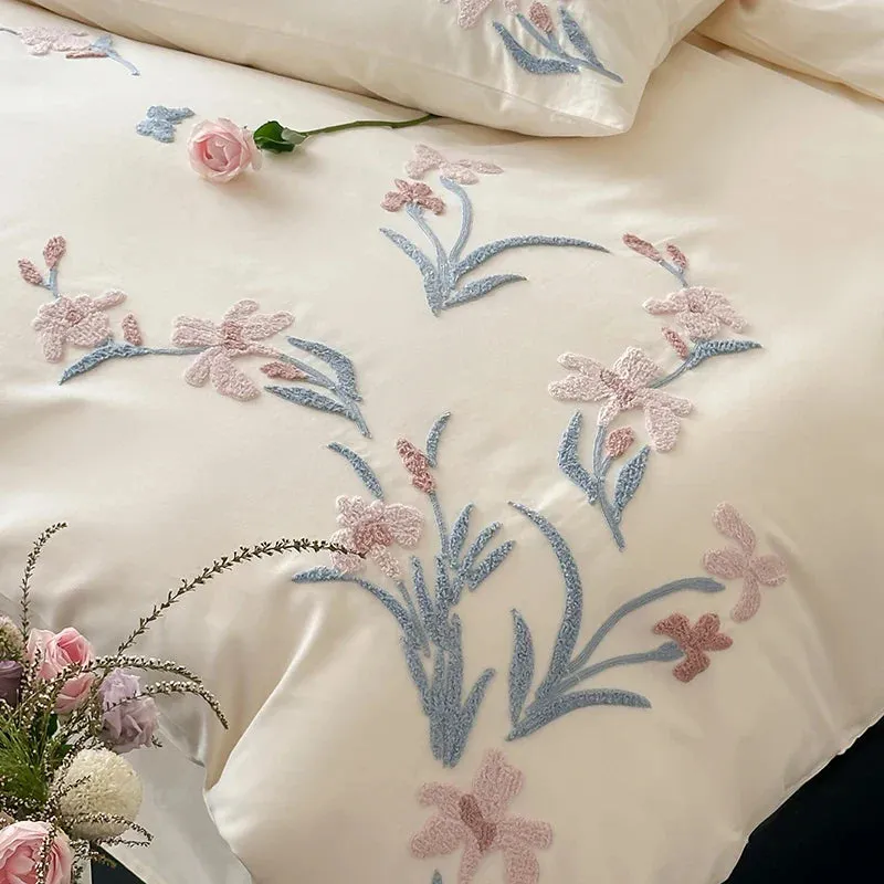Flytonn-3/4Pcs Elegant Flower Embroidery Egyptian Cotton Bedding Set Single Queen King Duvet Cover Set Flat/Fitted Bed Sheet Pillowcases