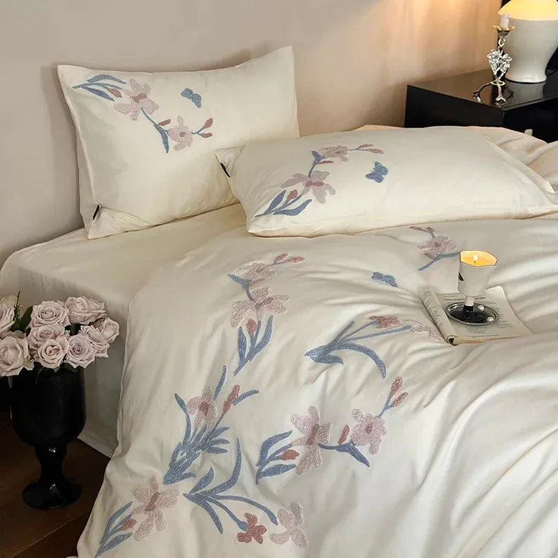 Flytonn-3/4Pcs Elegant Flower Embroidery Egyptian Cotton Bedding Set Single Queen King Duvet Cover Set Flat/Fitted Bed Sheet Pillowcases