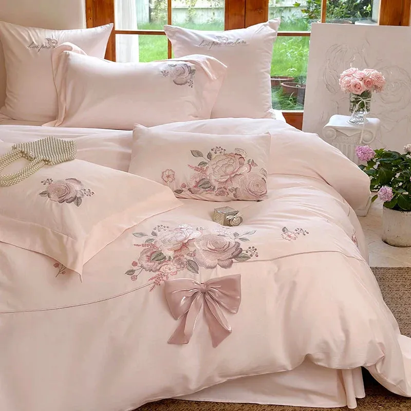 Flytonn-3/4Pcs Flowers Embroidery Bow Wedding Bedding Set Single Queen King Size Egyptian Cotton Duvet Cover Set Bed Sheet Pillowcases