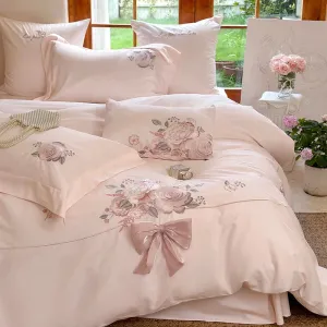 Flytonn-3/4Pcs Flowers Embroidery Bow Wedding Bedding Set Single Queen King Size Egyptian Cotton Duvet Cover Set Bed Sheet Pillowcases