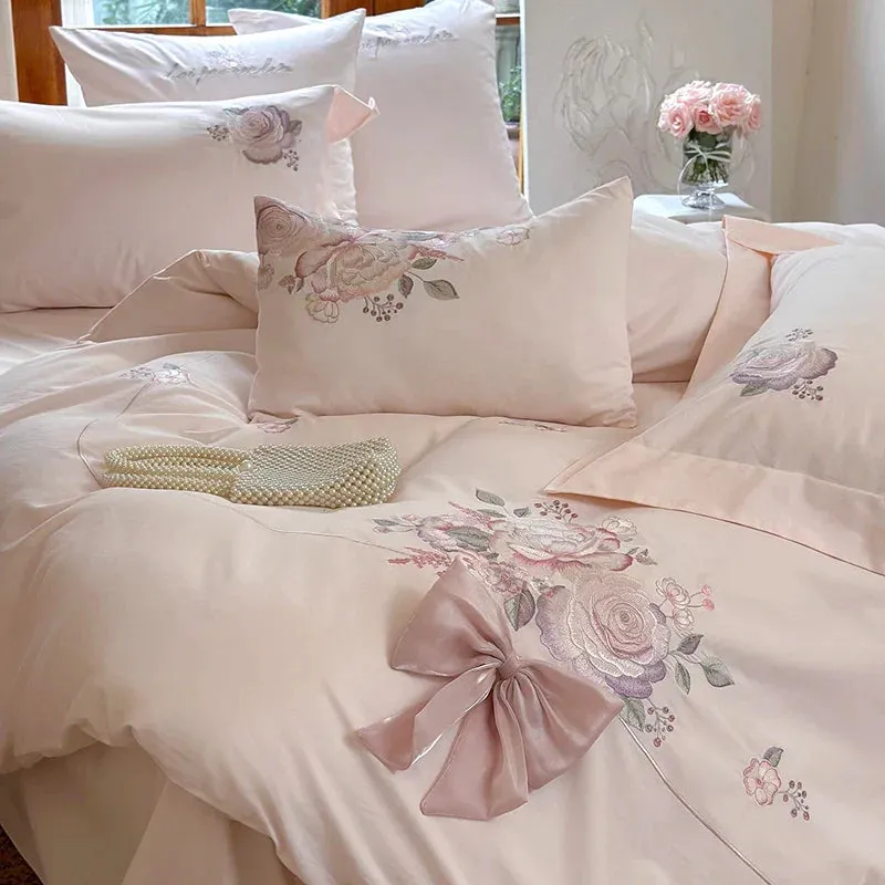 Flytonn-3/4Pcs Flowers Embroidery Bow Wedding Bedding Set Single Queen King Size Egyptian Cotton Duvet Cover Set Bed Sheet Pillowcases