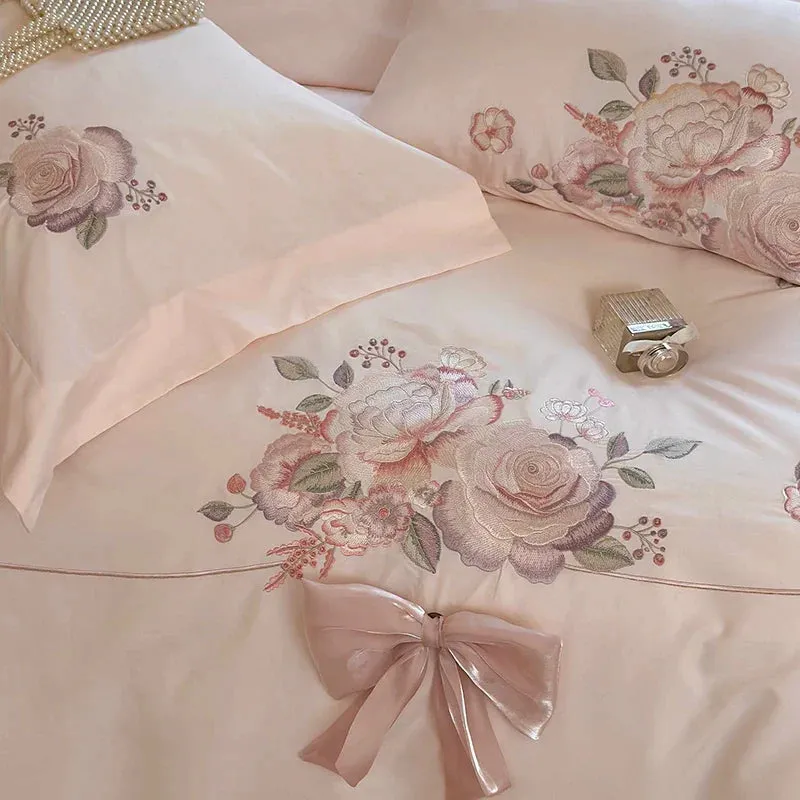 Flytonn-3/4Pcs Flowers Embroidery Bow Wedding Bedding Set Single Queen King Size Egyptian Cotton Duvet Cover Set Bed Sheet Pillowcases