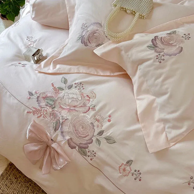 Flytonn-3/4Pcs Flowers Embroidery Bow Wedding Bedding Set Single Queen King Size Egyptian Cotton Duvet Cover Set Bed Sheet Pillowcases