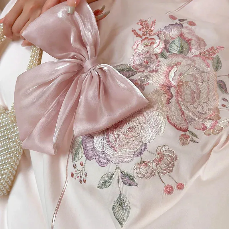 Flytonn-3/4Pcs Flowers Embroidery Bow Wedding Bedding Set Single Queen King Size Egyptian Cotton Duvet Cover Set Bed Sheet Pillowcases