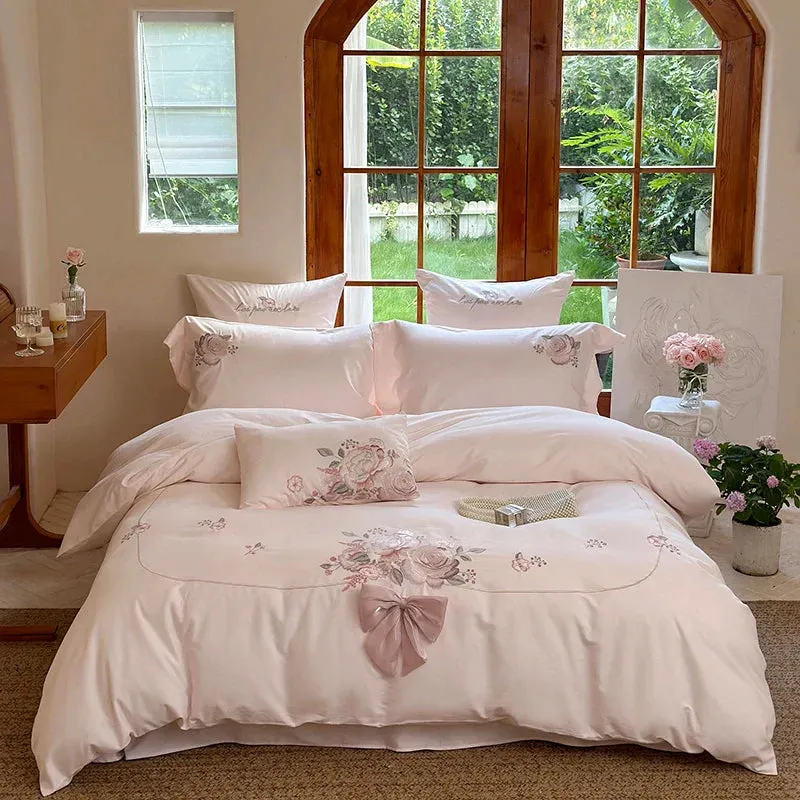 Flytonn-3/4Pcs Flowers Embroidery Bow Wedding Bedding Set Single Queen King Size Egyptian Cotton Duvet Cover Set Bed Sheet Pillowcases