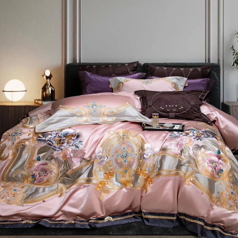 Flytonn-4/6/9Pcs Pink Purple Gorgeous Embroidery European Palace Bedding Set Brocade Egyptian Cotton Duvet Cover Bed Sheet Pillowcases