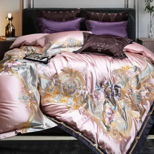 Flytonn-4/6/9Pcs Pink Purple Gorgeous Embroidery European Palace Bedding Set Brocade Egyptian Cotton Duvet Cover Bed Sheet Pillowcases