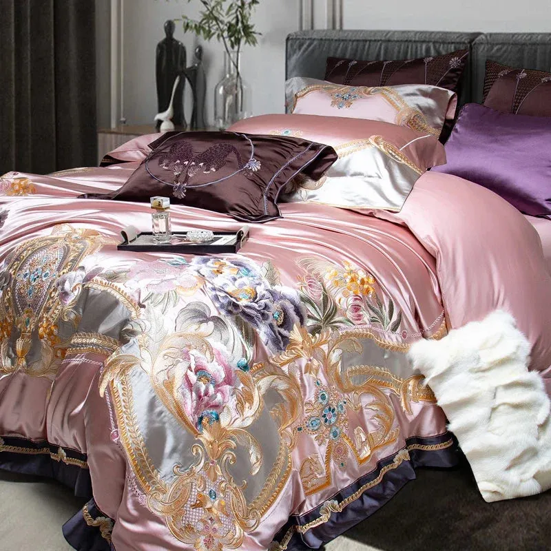 Flytonn-4/6/9Pcs Pink Purple Gorgeous Embroidery European Palace Bedding Set Brocade Egyptian Cotton Duvet Cover Bed Sheet Pillowcases