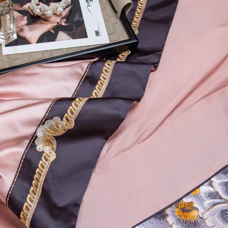 Flytonn-4/6/9Pcs Pink Purple Gorgeous Embroidery European Palace Bedding Set Brocade Egyptian Cotton Duvet Cover Bed Sheet Pillowcases