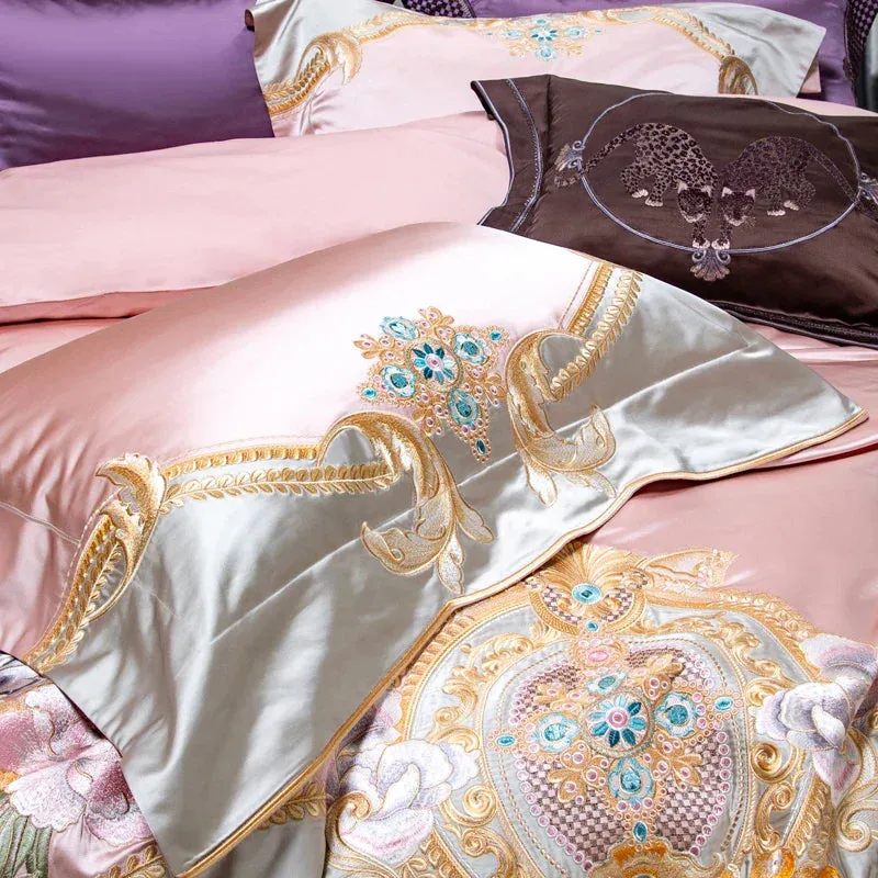 Flytonn-4/6/9Pcs Pink Purple Gorgeous Embroidery European Palace Bedding Set Brocade Egyptian Cotton Duvet Cover Bed Sheet Pillowcases