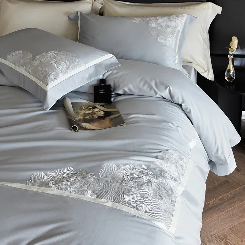 Flytonn-Bedding Set 1000TC Egyptian Cotton Luxury Flowers Embroidery Duvet Cover Set Flat/Fitted Bed Sheet Pillowcases Queen King Size