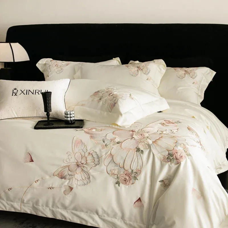 Flytonn-Chic Butterfly Flowers Embroidery Luxury Bedding Set 800TC Egyptian Cotton Duvet Cover Set Bed Sheet Pillowcases Home Textiles