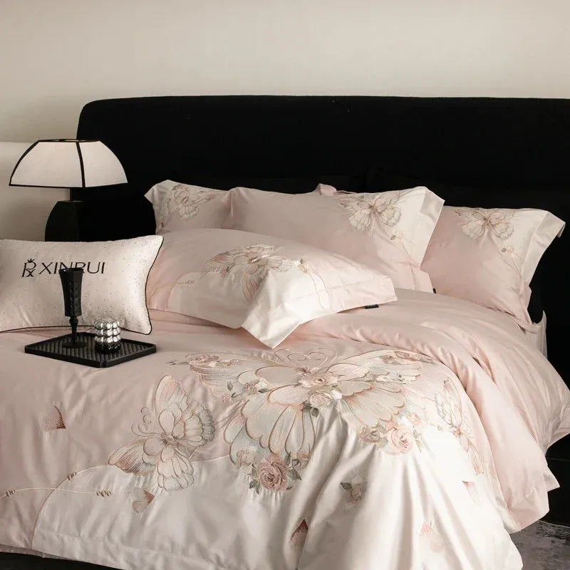 Flytonn-Chic Butterfly Flowers Embroidery Luxury Bedding Set 800TC Egyptian Cotton Duvet Cover Set Bed Sheet Pillowcases Home Textiles