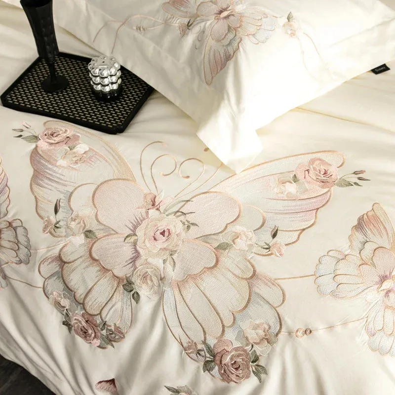 Flytonn-Chic Butterfly Flowers Embroidery Luxury Bedding Set 800TC Egyptian Cotton Duvet Cover Set Bed Sheet Pillowcases Home Textiles