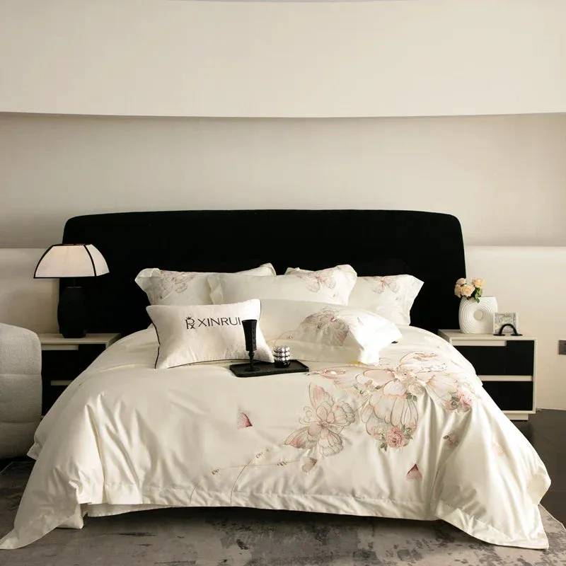 Flytonn-Chic Butterfly Flowers Embroidery Luxury Bedding Set 800TC Egyptian Cotton Duvet Cover Set Bed Sheet Pillowcases Home Textiles
