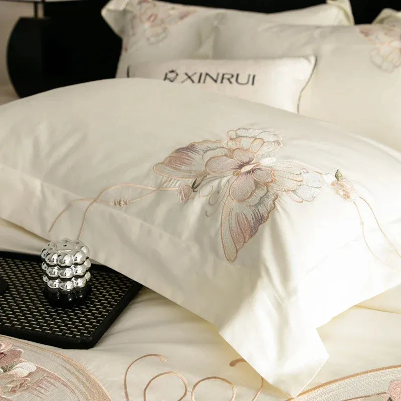 Flytonn-Chic Butterfly Flowers Embroidery Luxury Bedding Set 800TC Egyptian Cotton Duvet Cover Set Bed Sheet Pillowcases Home Textiles