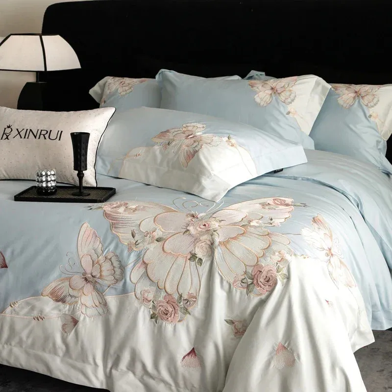 Flytonn-Chic Butterfly Flowers Embroidery Luxury Bedding Set 800TC Egyptian Cotton Duvet Cover Set Bed Sheet Pillowcases Home Textiles
