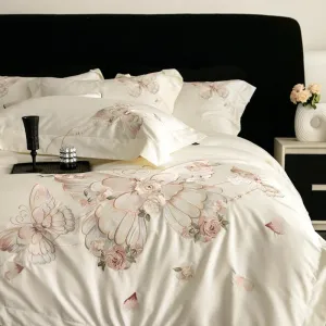 Flytonn-Chic Butterfly Flowers Embroidery Luxury Bedding Set 800TC Egyptian Cotton Duvet Cover Set Bed Sheet Pillowcases Home Textiles