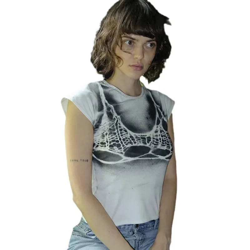 Flytonn-Halloween Outfits Halloween Gifts Gothic Style 3D Print Graphic Black T Shirt Women Y2K Short Sleeve Tee 2024 Summer Streetwear Casual Crop Tops Goth  Aesthetic Clothes