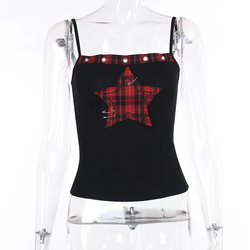 Flytonn-Halloween Outfits Halloween Gifts Gothic Style Gothic Hip Hop Matching Set Vintage Camis Top Women's Y2k Spaghetti Strap Star Embroidered Rib Sleeveless Crop Top