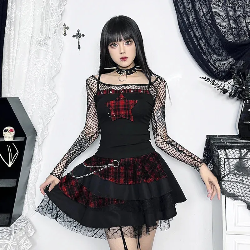 Flytonn-Halloween Outfits Halloween Gifts Gothic Style Gothic Hip Hop Matching Set Vintage Camis Top Women's Y2k Spaghetti Strap Star Embroidered Rib Sleeveless Crop Top