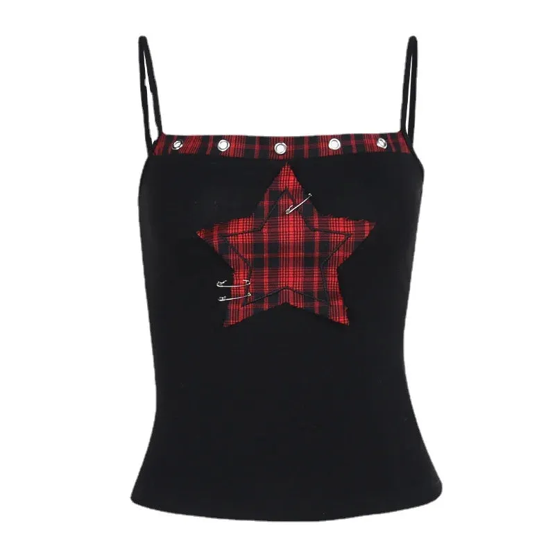 Flytonn-Halloween Outfits Halloween Gifts Gothic Style Gothic Hip Hop Matching Set Vintage Camis Top Women's Y2k Spaghetti Strap Star Embroidered Rib Sleeveless Crop Top