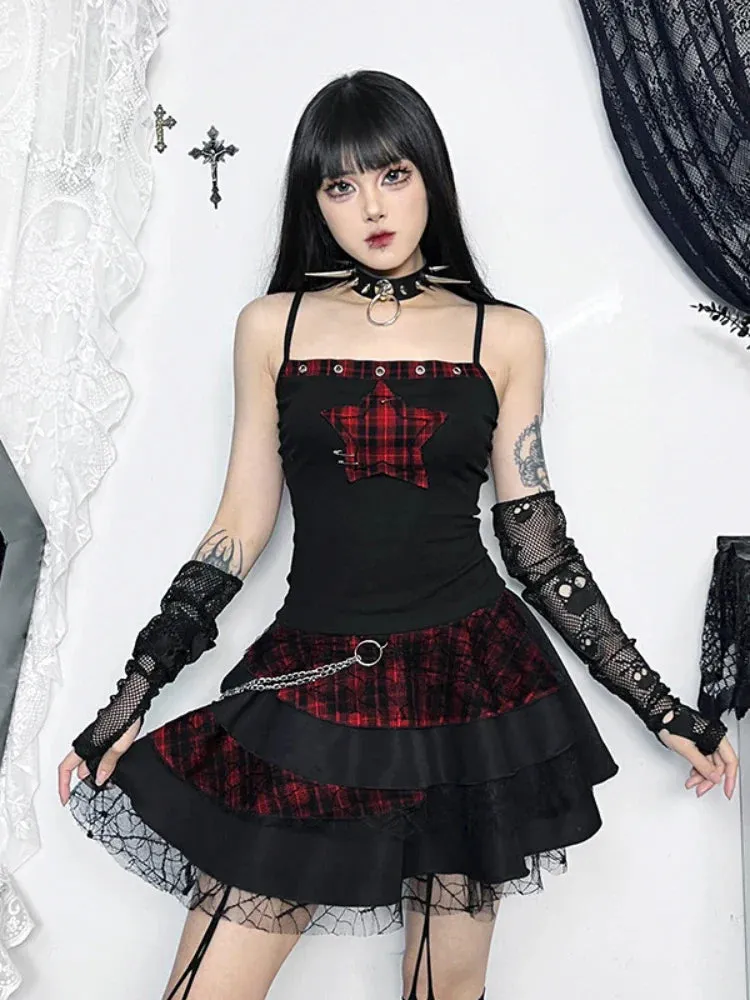 Flytonn-Halloween Outfits Halloween Gifts Gothic Style Gothic Hip Hop Matching Set Vintage Camis Top Women's Y2k Spaghetti Strap Star Embroidered Rib Sleeveless Crop Top