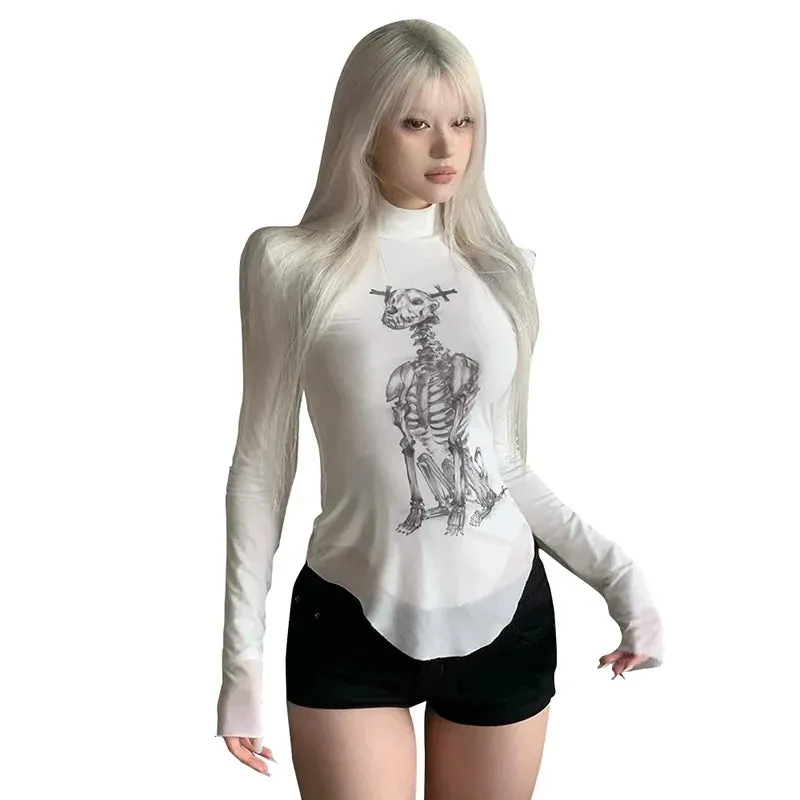 Flytonn-Halloween Outfits Halloween Gifts Gothic Style Skull Print Mesh Splicing Sheer Long Sleeve Top Y2k Shirts Goth Emo 2000s Clothes Graphic Tees White