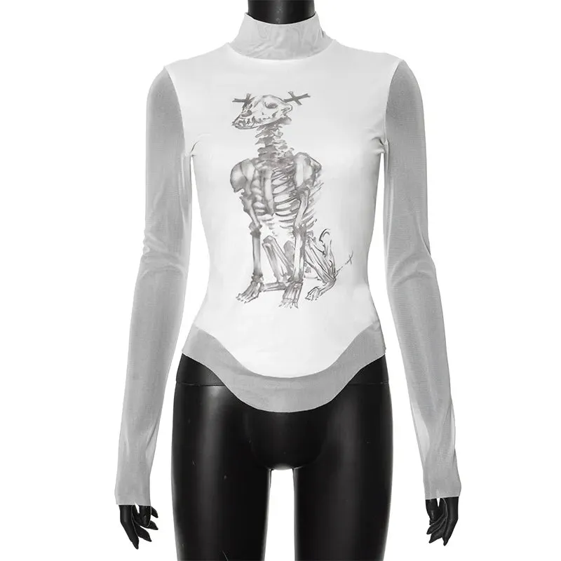 Flytonn-Halloween Outfits Halloween Gifts Gothic Style Skull Print Mesh Splicing Sheer Long Sleeve Top Y2k Shirts Goth Emo 2000s Clothes Graphic Tees White