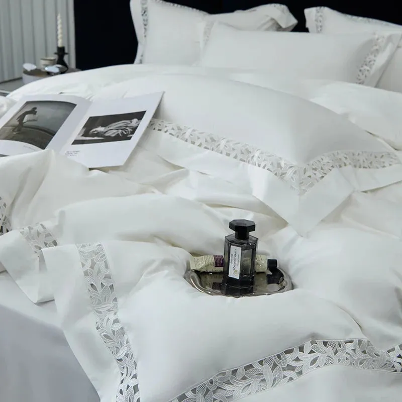Flytonn-High Quality 1200TC Egyptian Cotton Bedding Set, Hollow Lace Broad Side, Luxury Duvet Cover, Flat, Fitted Bed Sheet, Pillowcases