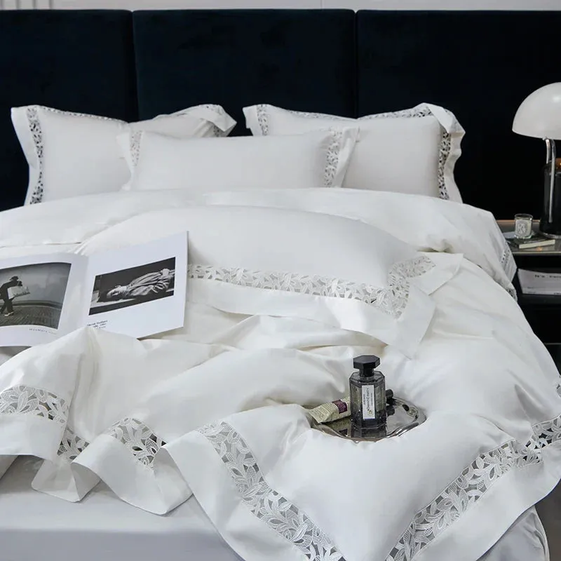 Flytonn-High Quality 1200TC Egyptian Cotton Bedding Set, Hollow Lace Broad Side, Luxury Duvet Cover, Flat, Fitted Bed Sheet, Pillowcases