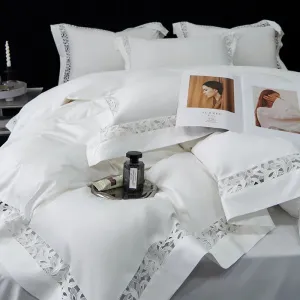 Flytonn-High Quality 1200TC Egyptian Cotton Bedding Set, Hollow Lace Broad Side, Luxury Duvet Cover, Flat, Fitted Bed Sheet, Pillowcases