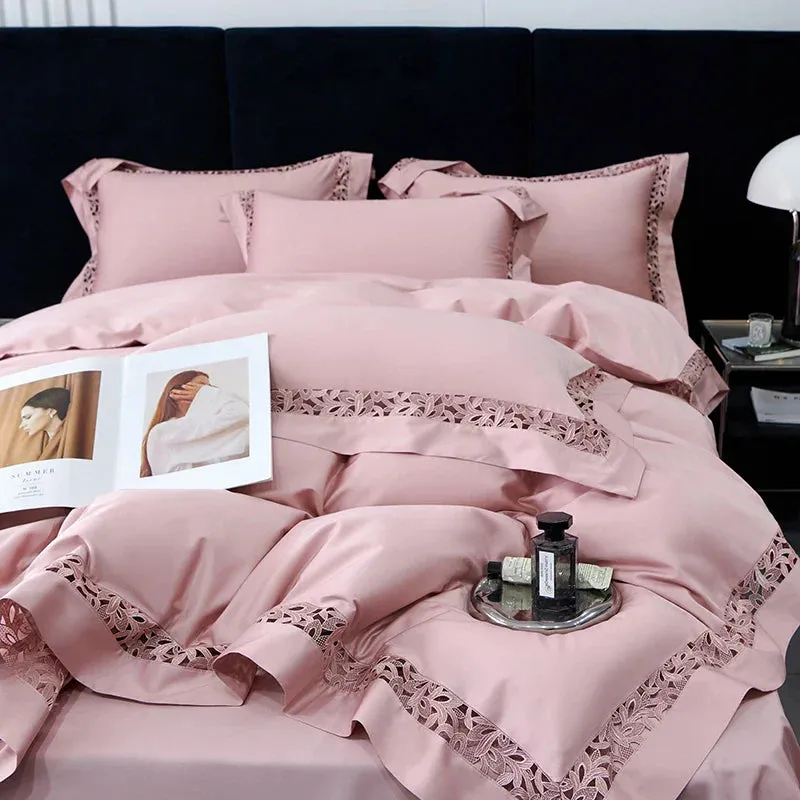 Flytonn-High Quality 1200TC Egyptian Cotton Bedding Set, Hollow Lace Broad Side, Luxury Duvet Cover, Flat, Fitted Bed Sheet, Pillowcases