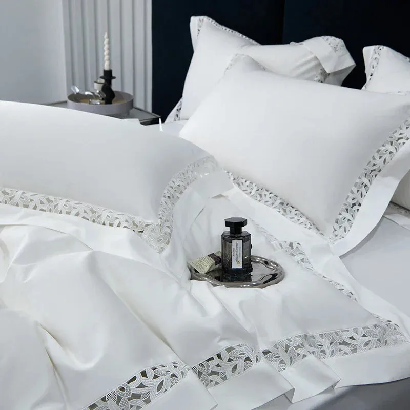 Flytonn-High Quality 1200TC Egyptian Cotton Bedding Set, Hollow Lace Broad Side, Luxury Duvet Cover, Flat, Fitted Bed Sheet, Pillowcases
