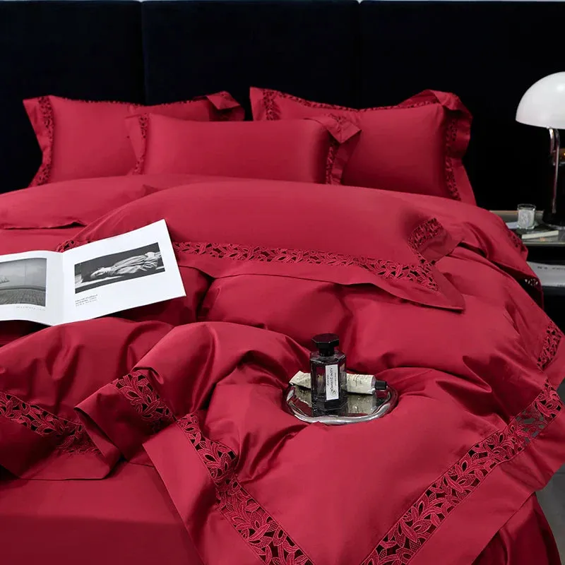 Flytonn-High Quality 1200TC Egyptian Cotton Bedding Set, Hollow Lace Broad Side, Luxury Duvet Cover, Flat, Fitted Bed Sheet, Pillowcases