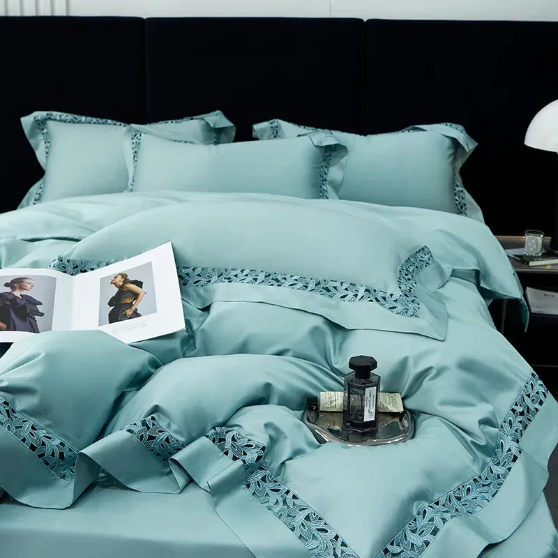 Flytonn-High Quality 1200TC Egyptian Cotton Bedding Set, Hollow Lace Broad Side, Luxury Duvet Cover, Flat, Fitted Bed Sheet, Pillowcases