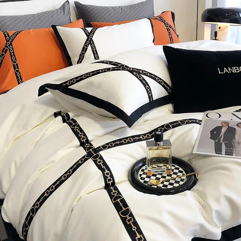 Flytonn-Luxury Black Gold Cross Patchwork Embroidery Bedding Set 1000TC Egyptian Cotton White Orange Duvet Cover Bed Sheet Pillowcases