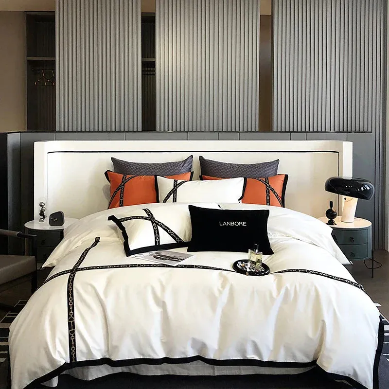 Flytonn-Luxury Black Gold Cross Patchwork Embroidery Bedding Set 1000TC Egyptian Cotton White Orange Duvet Cover Bed Sheet Pillowcases
