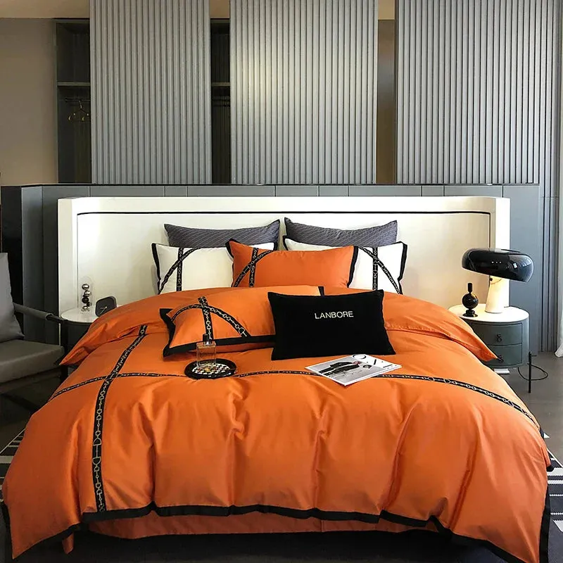 Flytonn-Luxury Black Gold Cross Patchwork Embroidery Bedding Set 1000TC Egyptian Cotton White Orange Duvet Cover Bed Sheet Pillowcases