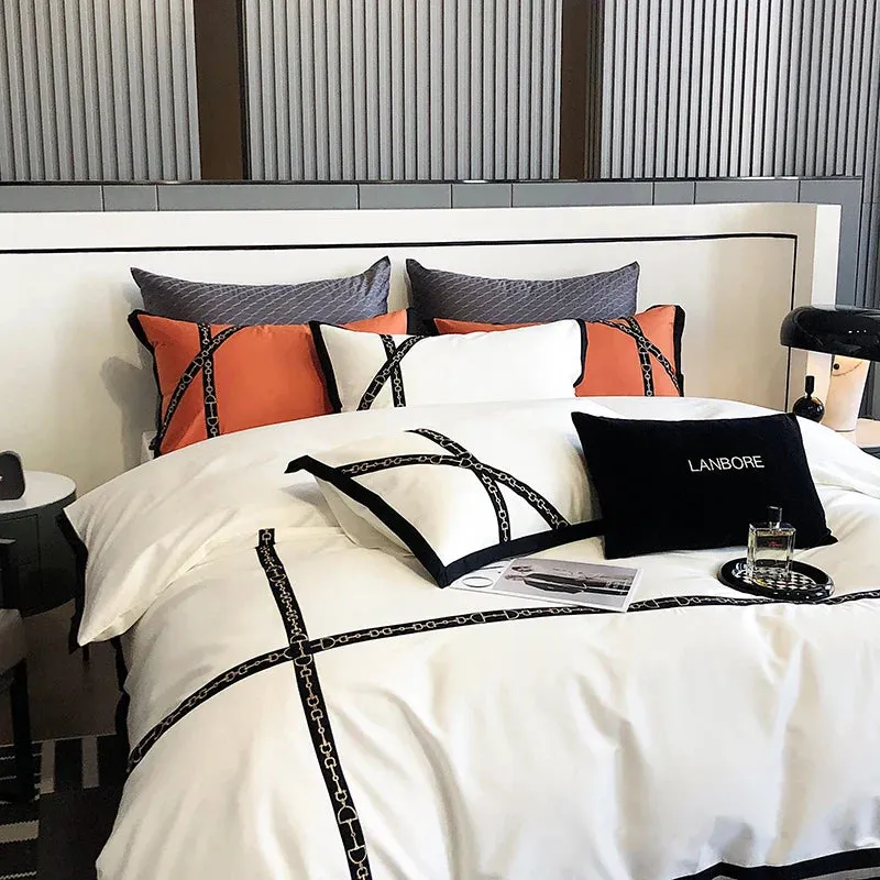 Flytonn-Luxury Black Gold Cross Patchwork Embroidery Bedding Set 1000TC Egyptian Cotton White Orange Duvet Cover Bed Sheet Pillowcases